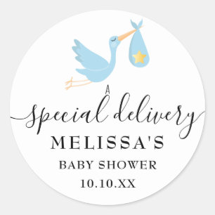Speciale bezorging Ooievaar Baby Jongen Shower Str Ronde Sticker