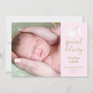Speciale Bezorging Ooievaar Baby Meisje Foto Roze Aankondiging