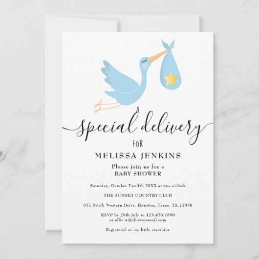Speciale bezorging Ooievaar Ster Baby Shower Stroo Kaart (Voorkant)