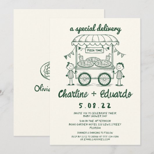 Speciale Bezorging Pizza doodle baby shower meisje Kaart (Voorkant / Achterkant)