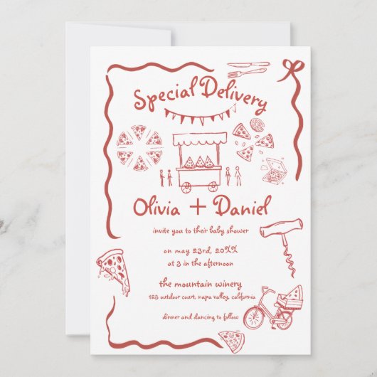 Speciale Bezorging Pizza doodle baby shower meisje Kaart (Voorkant)
