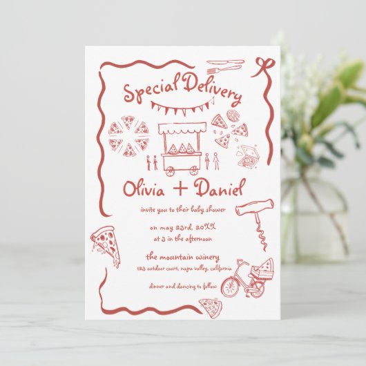 Speciale Bezorging Pizza doodle baby shower meisje Kaart (Staand voorkant)
