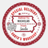 Speciale bezorging van Santa naar Child in Iowa Ronde Sticker (Voorkant)