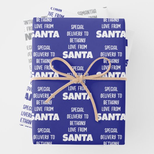 Speciale bezorgnaam van Santa Blue Silver White Inpakpapier Vel (In situ)