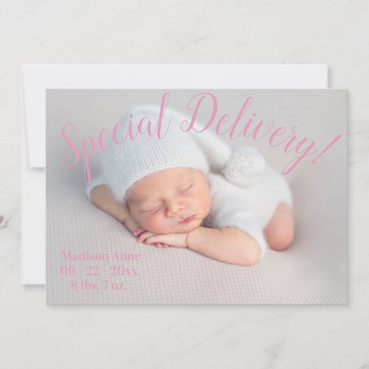 Speciale DellIvery-fotoscript Baby Girl Pink Birth Aankondiging (Voorkant)