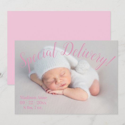 Speciale DellIvery-fotoscript Baby Girl Pink Birth Aankondiging (Voorkant / Achterkant)
