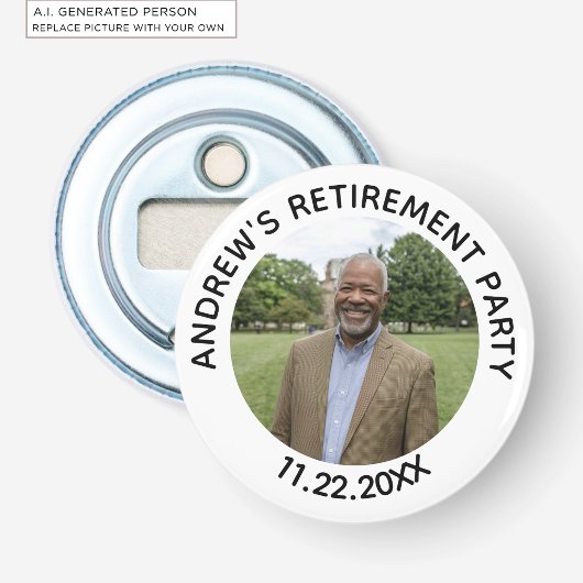 Speciale foto elegante pensioneringsfeest button flesopener