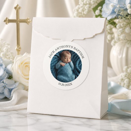 Speciale foto jongensdoopgeschenk ronde sticker