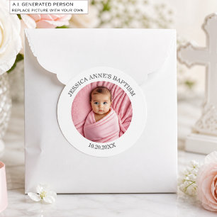 Speciale fotomeisje doopgunst ronde sticker