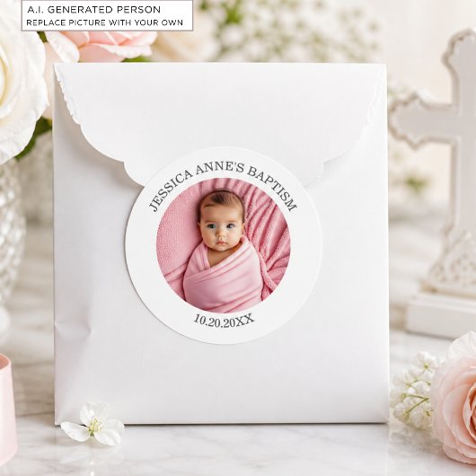 Speciale fotomeisje doopgunst ronde sticker