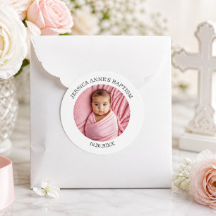 Speciale fotomeisje doopgunst ronde sticker