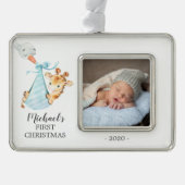 Speciale Giraffe Eerste kerstfoto Verzilverd Omlijst Ornament (Voorkant)
