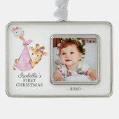 Speciale Giraffe Eerste kerstfoto Verzilverd Omlijst Ornament (Voorkant)