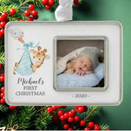 Speciale Giraffe Eerste kerstfoto Verzilverd Omlijst Ornament