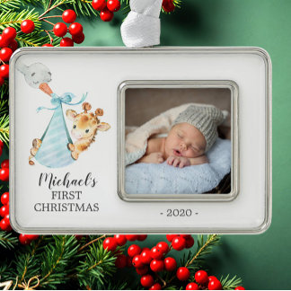 Speciale Giraffe Eerste kerstfoto Verzilverd Omlijst Ornament