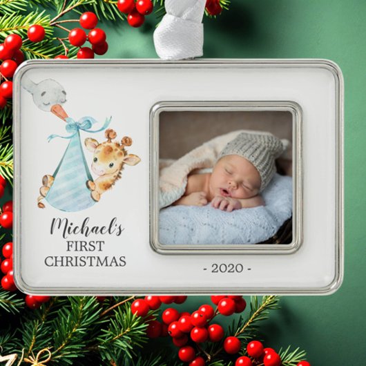 Speciale Giraffe Eerste kerstfoto Verzilverd Omlijst Ornament