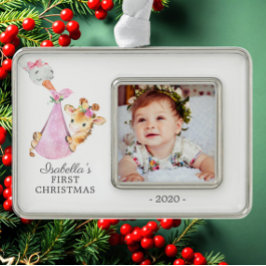 Speciale Giraffe Eerste kerstfoto Verzilverd Omlijst Ornament