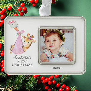 Speciale Giraffe Eerste kerstfoto Verzilverd Omlijst Ornament