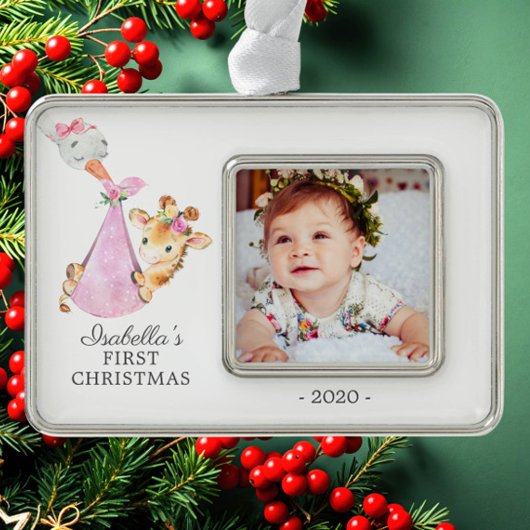 Speciale Giraffe Eerste kerstfoto Verzilverd Omlijst Ornament