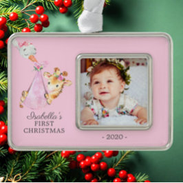 Speciale Giraffe Eerste kerstfoto Verzilverd Omlijst Ornament
