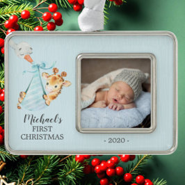 Speciale Giraffe Eerste kerstfoto Verzilverd Omlijst Ornament