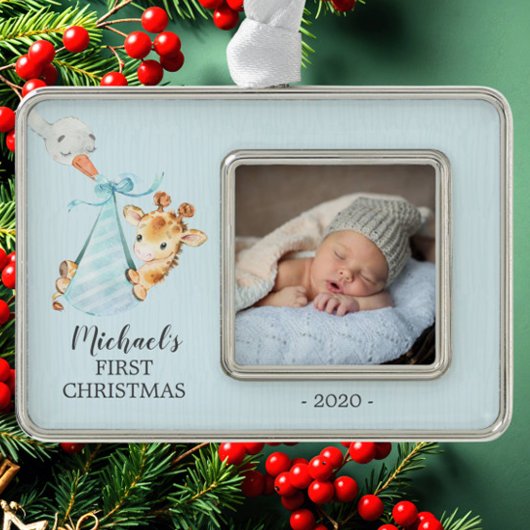 Speciale Giraffe Eerste kerstfoto Verzilverd Omlijst Ornament