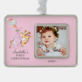 Speciale Giraffe Eerste kerstfoto Verzilverd Omlijst Ornament (Voorkant)