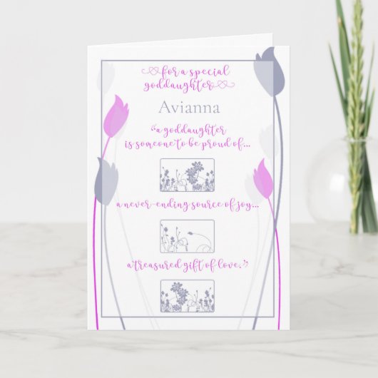 Speciale goddochter Roze Grey Tulips Card Feestdagen Kaart (Voorkant)