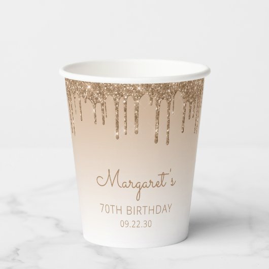 Speciale Gold Glitter Drip 70e verjaardag Papieren Bekers (Achterkant)