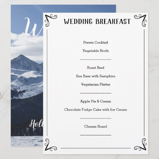 Speciale huwelijksmenu beschrijving. menu (Voorkant / Achterkant)