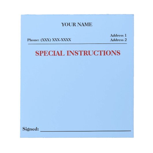 Speciale instructies Slip Note Pad (blauw) Notitieblok (Voorkant)