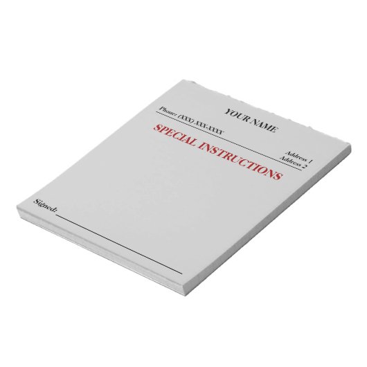 Speciale instructies Slip Note Pad (grijs) Notitieblok (Linkerzijde)
