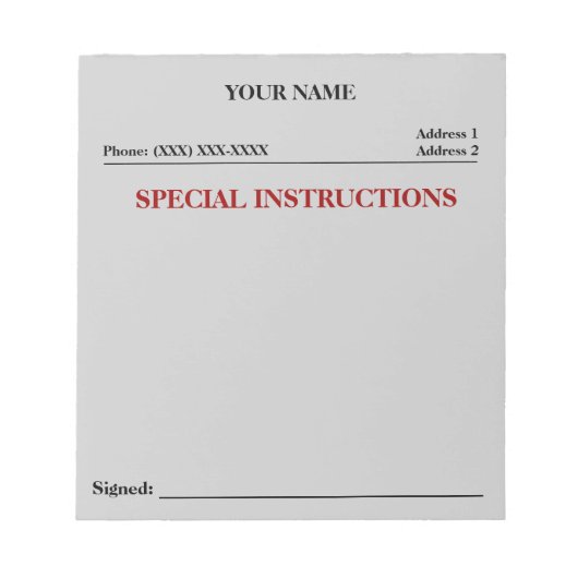 Speciale instructies Slip Note Pad (grijs) Notitieblok (Voorkant)