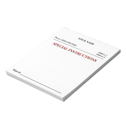 Speciale instructies Slip Note Pad (wit) Notitieblok (Linkerzijde)
