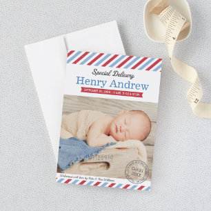 Speciale Levering Baby Boy Blauw en Rood Foto Gebo Aankondiging