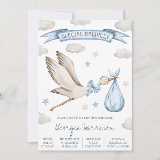 Speciale levering! Baby Boy Blue Stork Baby shower Kaart (Voorkant)
