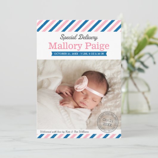 Speciale Levering Baby Meisje Foto Roze Blauw Gebo Aankondiging (Staand voorkant)