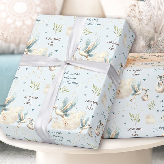 Speciale Levering Blauwe Ooievaar Nieuwe Baby Naam Cadeaupapier