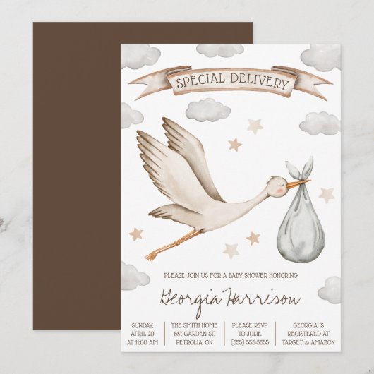 Speciale levering! Bruin en Tan Stork Baby shower Kaart (Voorkant / Achterkant)