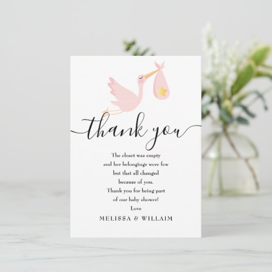 Speciale levering Dank je wel Baby Shower Roze Bedankkaart (Staand voorkant)