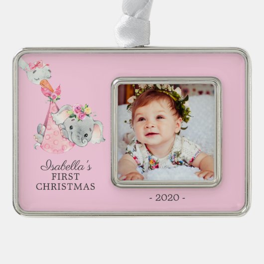 Speciale levering Olifant Eerste Kerstmis Foto Verzilverd Omlijst Ornament (Voorkant)