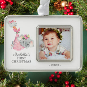 Speciale levering Olifant Eerste Kerstmis Foto Verzilverd Omlijst Ornament