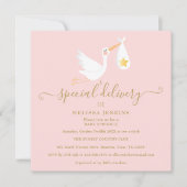 Speciale levering Ooievaar Roze Baby shower Sprink Kaart (Voorkant)