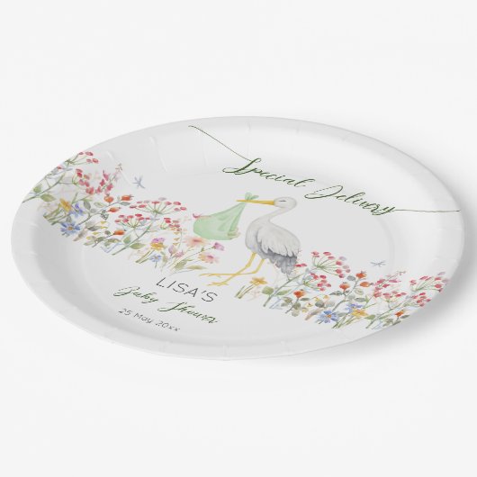 Speciale levering ooievaar veer baby shower bedruk papieren bordje (Gekanteld)