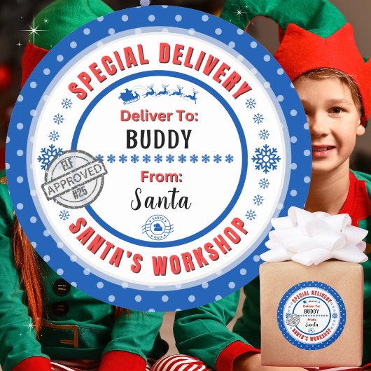 Speciale levering Santa naar Child Blue Gift Label