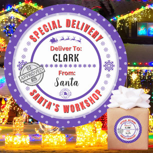 Speciale levering Santa naar kind Paarse Gift Labe Ronde Sticker