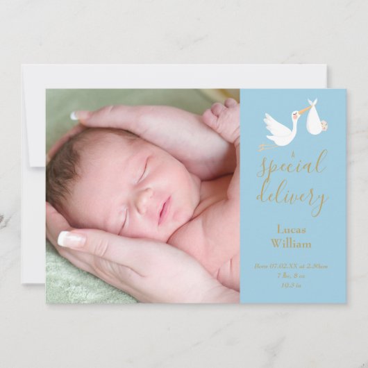 Speciale levering Stork Baby Blue Photo Birth Aankondiging (Voorkant)