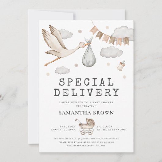 Speciale levering Stork Baby shower Kaart (Voorkant)