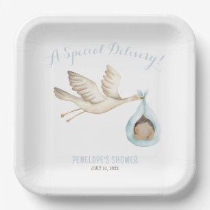 Speciale Levering Stork Blue Baby Boy Baby shower Papieren Bordje