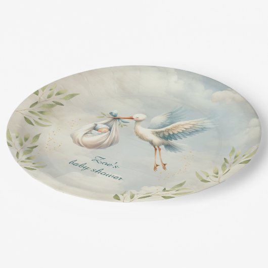 Speciale levering  Stork Boy Baby shower Papieren Bordje (Gekanteld)